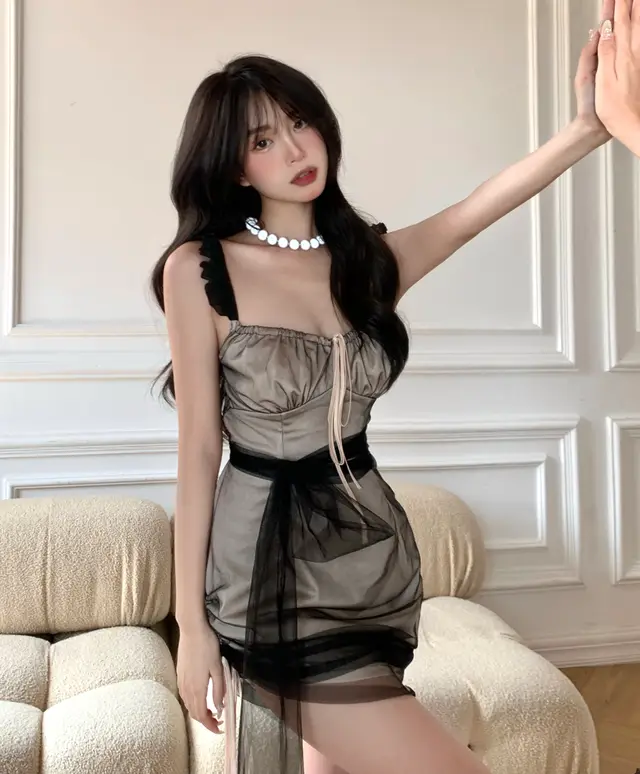 Ruffled Irregular Mesh Suspender Dress Skirt Female Summer New Short Skirt Slim Sexy Skirt Champagne Beige - Shop at LoveMi