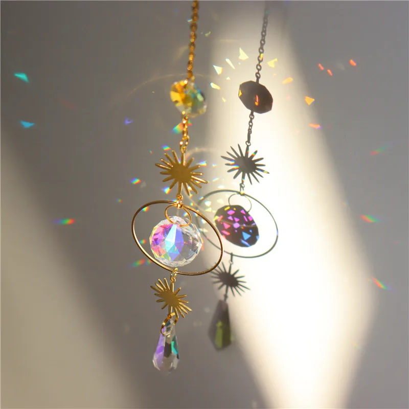 Crystal Wind Chime Star Pendant Sun Suncatcher Decoration Curtain Chandelier Prisms Witchy Sun Catchers - Golden D
