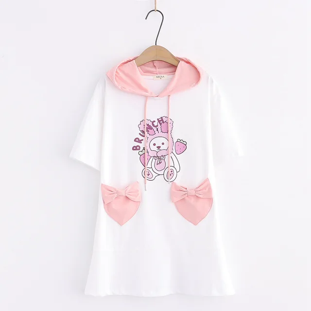 College Style Cute Women's Clothing Summer New Short Sleeved Cute Cartoon Hooded T Shirt Student Loose T White - Shop at LoveMi