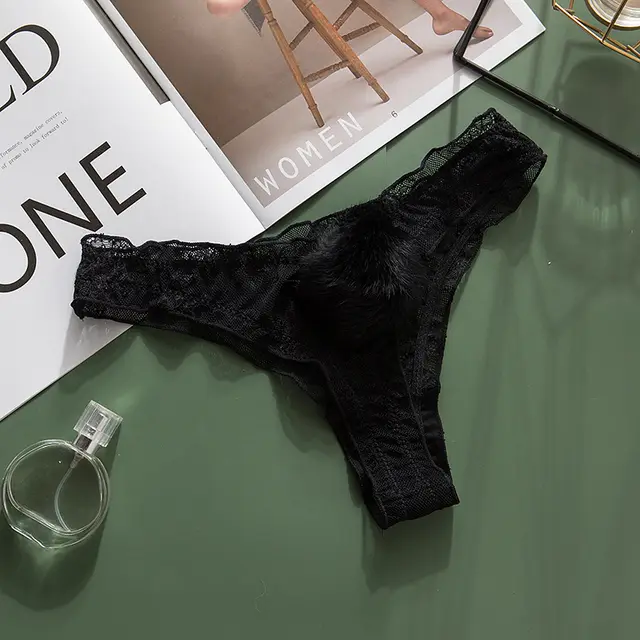 Low waist Lace Panties With Detachable Hair Ball Black - Shop at LoveMi
