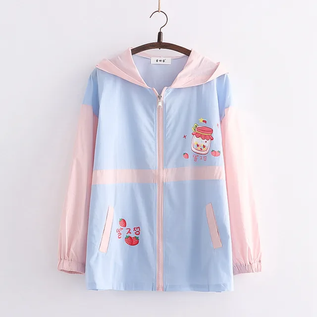 College Style New Strawberry Bottle Print Hooded Jacket Sunscreen Shirt Wearing Clothes Tide Blue - Shop at LoveMi