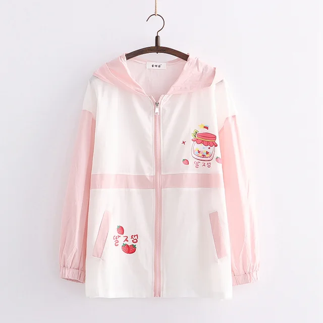 College Style New Strawberry Bottle Print Hooded Jacket Sunscreen Shirt Wearing Clothes Tide White - Shop at LoveMi