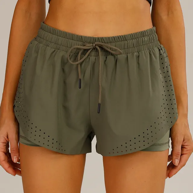 Ladies Double Layer Fake Two Piece Sports Yoga Fitness Pants Army Green - Shop at LoveMi