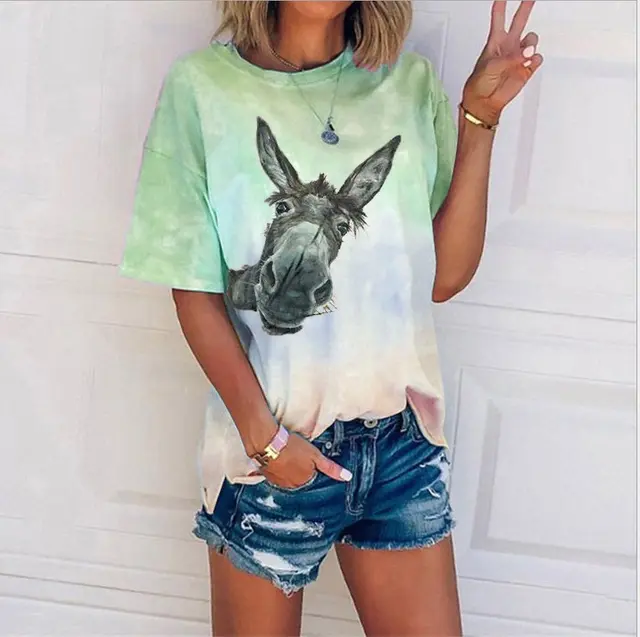 Tie Dye Gradient Print Loose T shirt Women's Top Green - Shop at LoveMi