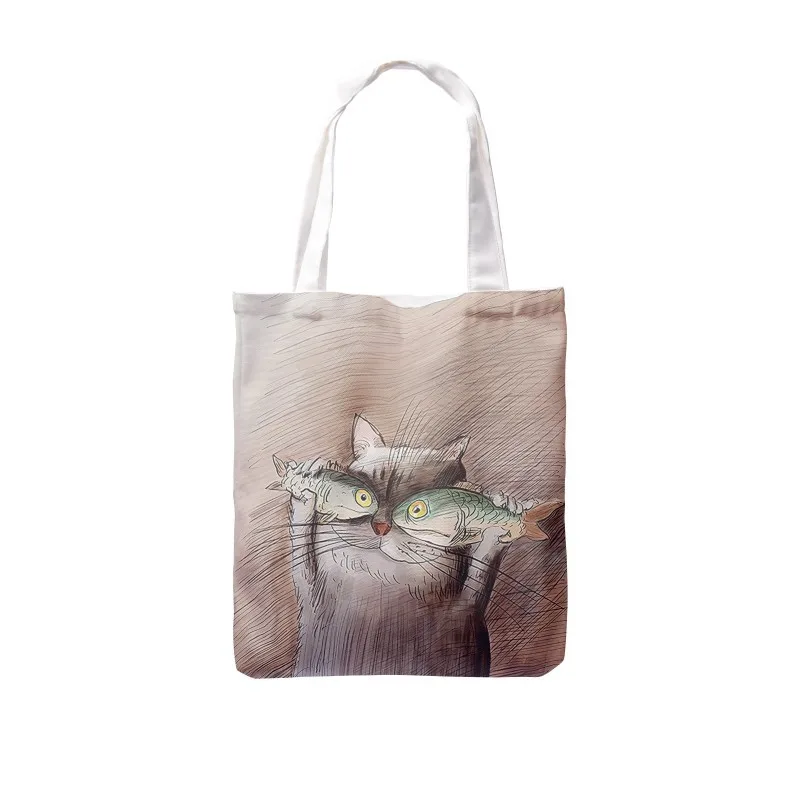 Creative Cute Cat Print Tote Canvas Bag Custom Logo One shoulder Shopping Canvas Bag - Shop at LoveMi