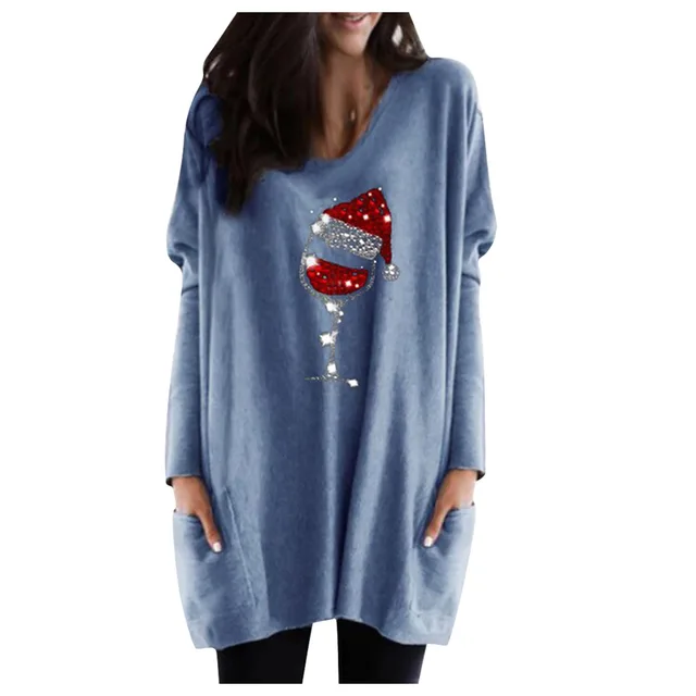 Women's Christmas Long Sleeve V Neck A line Dress Blue - Shop at LoveMi