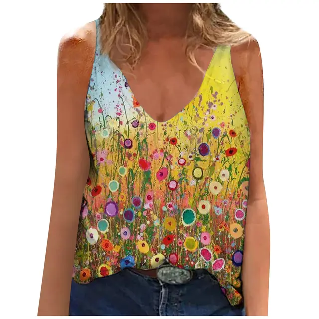 New Style Abstract Character Printing V Neck Pullover Sling Women's Clothing Yellow - Shop at LoveMi