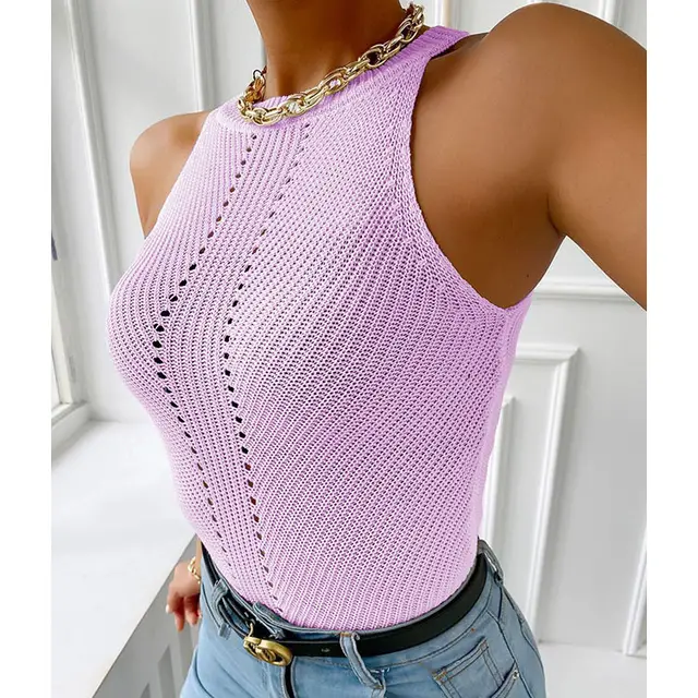 Hollow Round Neck Pullover Knit Solid Color Vest Purple - Shop at LoveMi