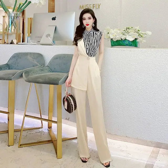 Zebra Pattern Stitching Irregular Suit Jumpsuit Trousers Women Beige - Shop at LoveMi