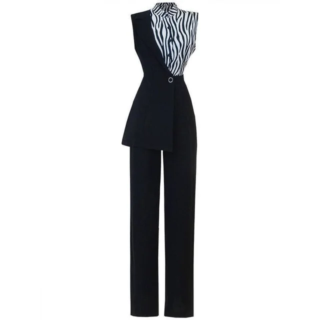 Zebra Pattern Stitching Irregular Suit Jumpsuit Trousers Women Black - Shop at LoveMi