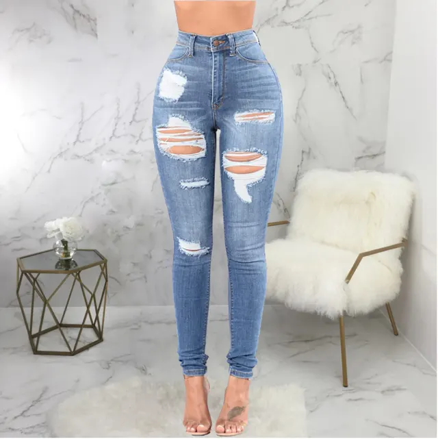 Sexy Pencil Ripped Jeans For Women Summer Fashion All Match Elastic High Waist Washed Holes Denim Urban Street Casual Pants Blue - Shop at LoveMi