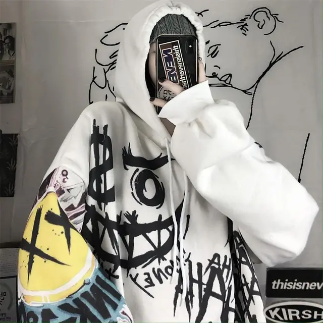 Japanese Cartoon Print Loose Plus Fleece Jacket Top 2White - Shop at LoveMi