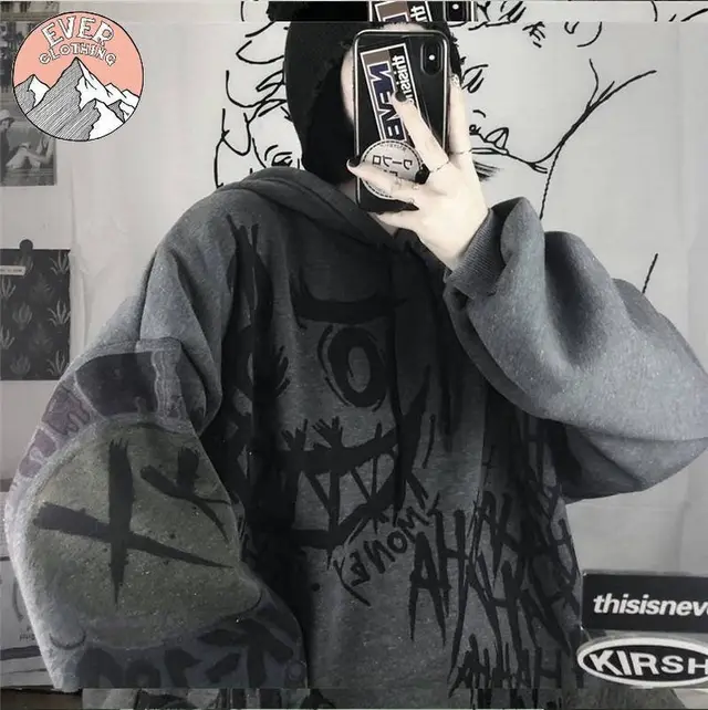 Japanese Cartoon Print Loose Plus Fleece Jacket Top Dark Grey - Shop at LoveMi