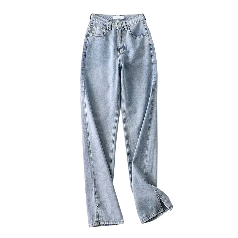 Slimming Wide Leg Mopping Pants With Slits - Light Blue