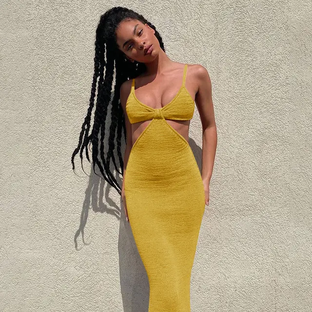 Dresses Party Club Elegant Hollow Out Dress Sundress Yellow - Shop at LoveMi