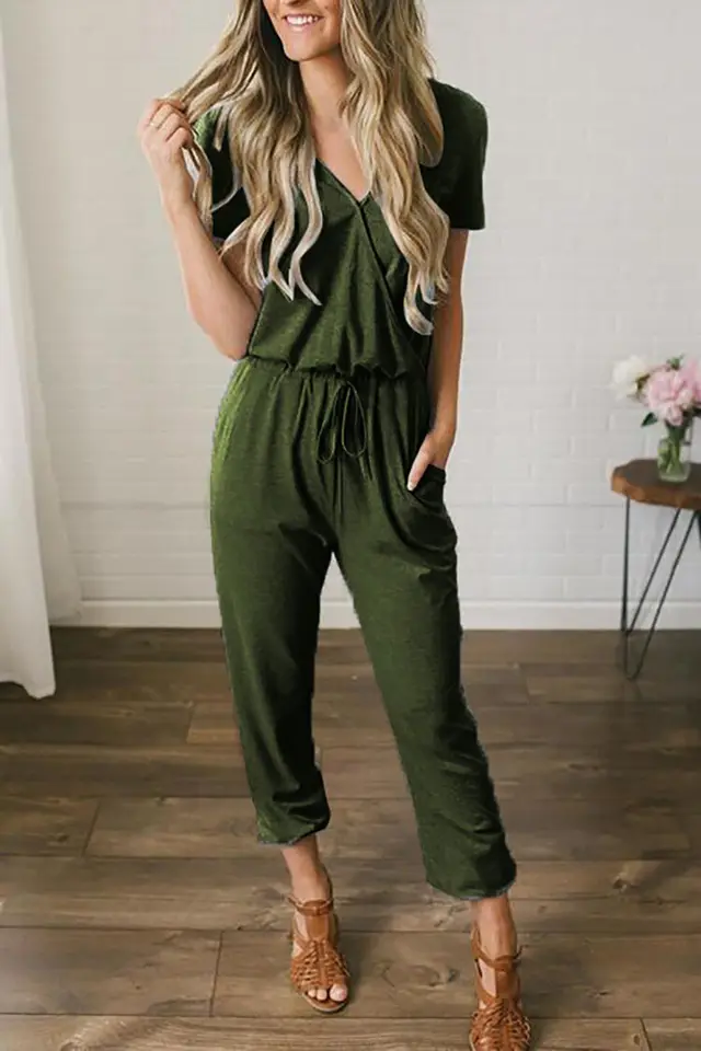 Lace up V neck Short sleeved Slim Women's Jumpsuit Army Green - Shop at LoveMi