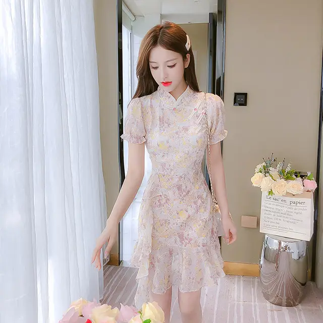 Summer Nw Style Splicing Small Fragrant Wind Chiffon Embroidery Improved Cheongsam Dress Pink - Shop at LoveMi