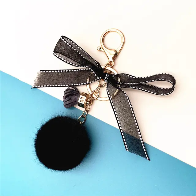 Bowknot Keychain Lace fur Ball Bag Plush Pendant Black - Shop at LoveMi