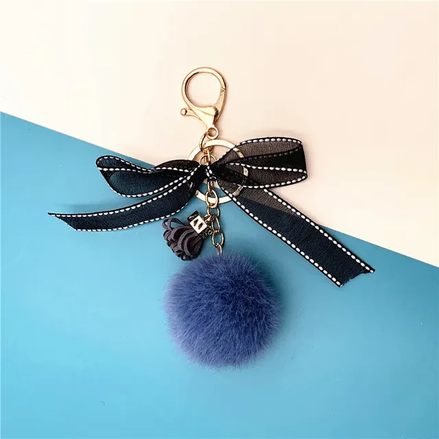 Bowknot Keychain Lace fur Ball Bag Plush Pendant Blue - Shop at LoveMi
