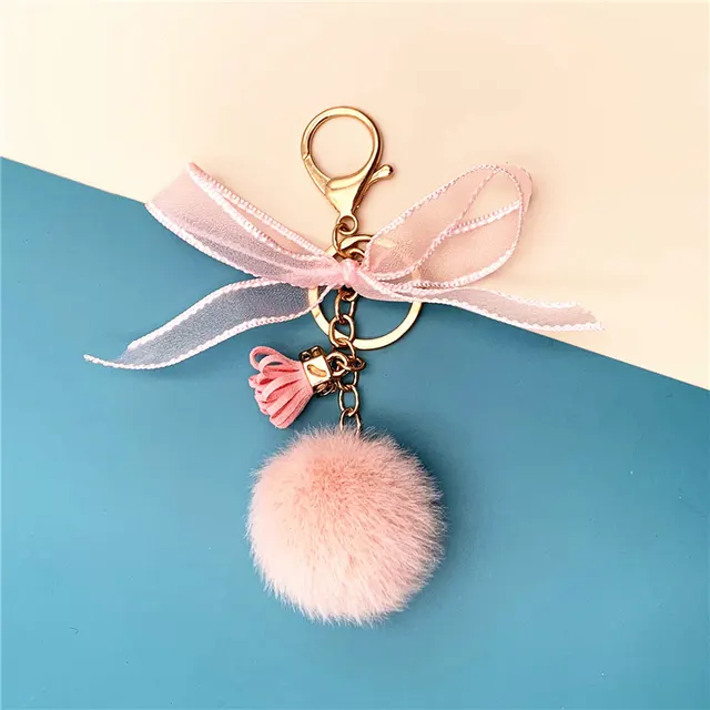 Bowknot Keychain Lace fur Ball Bag Plush Pendant Pink - Shop at LoveMi