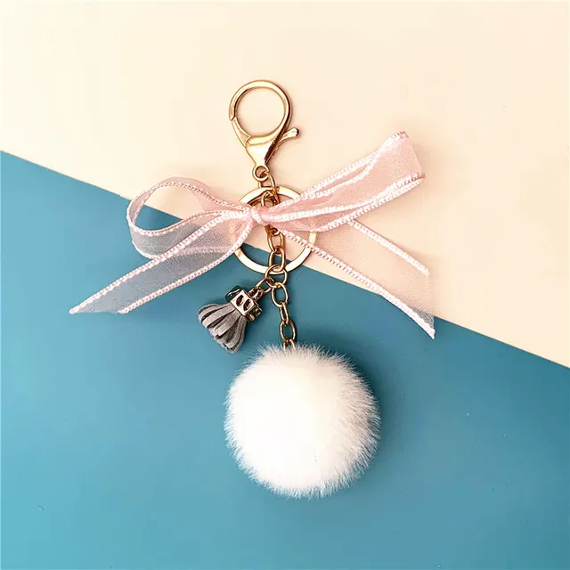 Bowknot Keychain Lace fur Ball Bag Plush Pendant White - Shop at LoveMi
