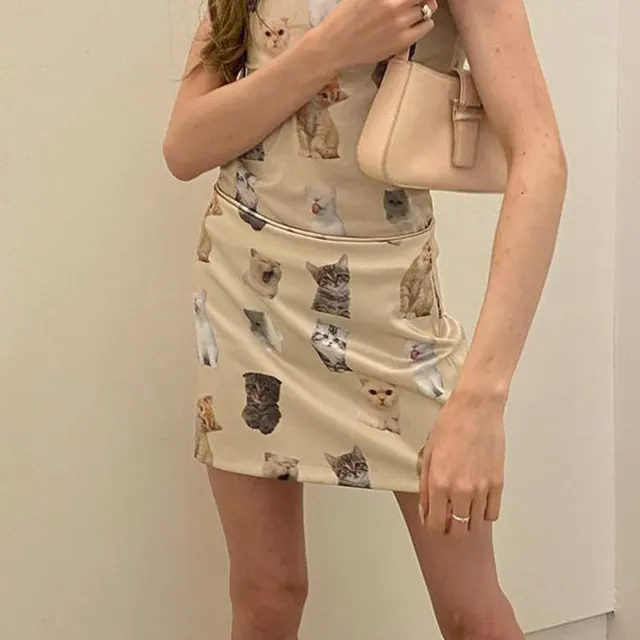 A Line Skirt With Cat Print For Slimming Bust Yellow - Shop at LoveMi