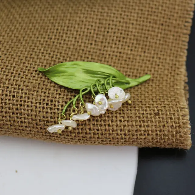 Lily Of The Valley Natural Pearl Vintage Brooch Green - Shop at LoveMi