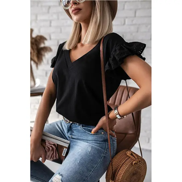 Women's V neck Solid Color Short sleeved Shirt Black - Shop at LoveMi