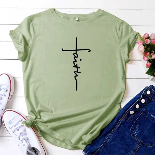 Colorful Fashion Women's Tops Cross Faith Graphic Printed Casual Short Sleeve T Shirt Bean Green - Shop at LoveMi