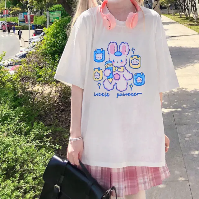 Japanese printed white short sleeved T shirt women Claw machine White - Shop at LoveMi