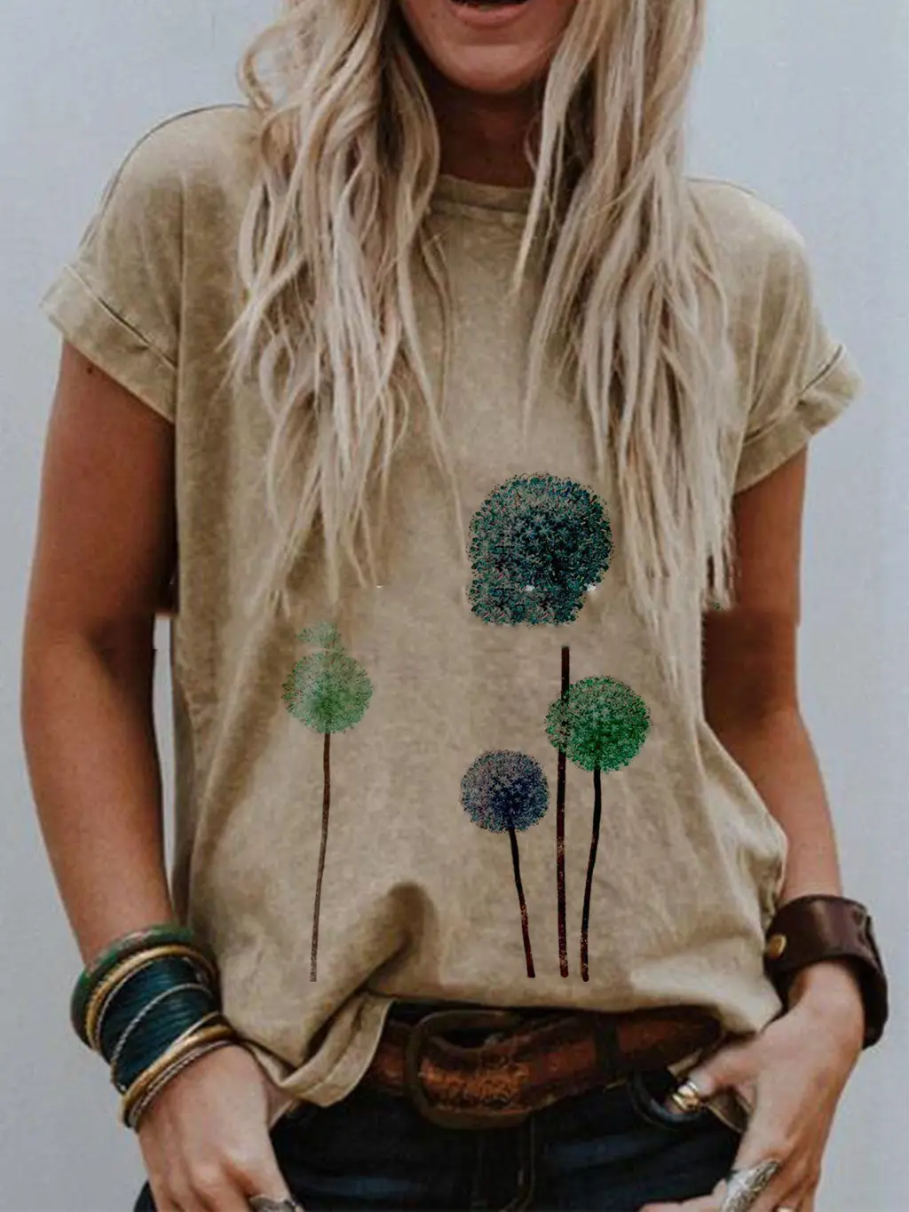 Landscape Print Round Neck Short Sleeve Ladies Casual T Shirt