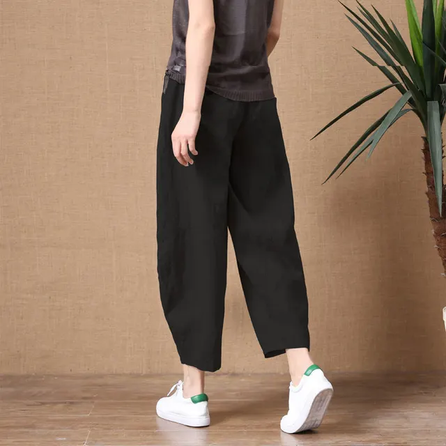 Linen Cropped Casual Pants For Outer Wear Black - Shop at LoveMi