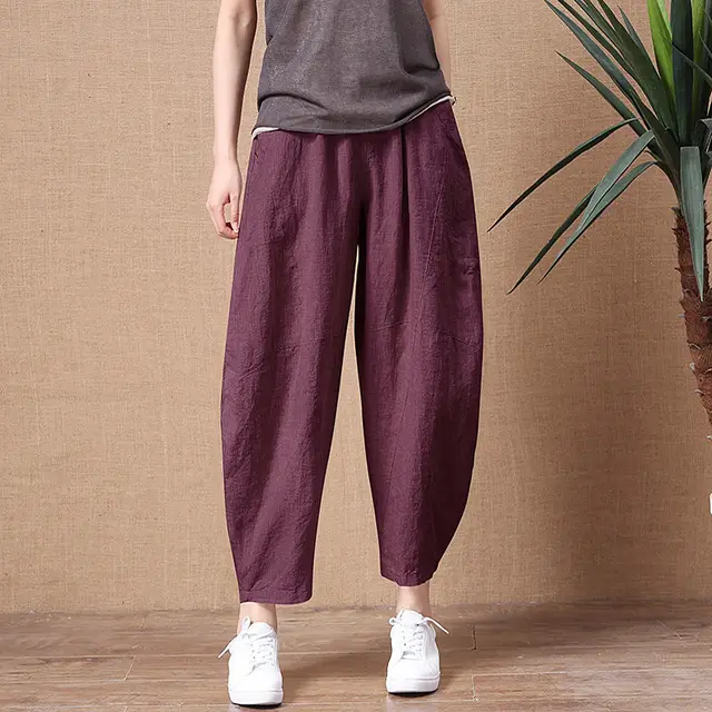 Linen Cropped Casual Pants For Outer Wear Maroon - Shop at LoveMi