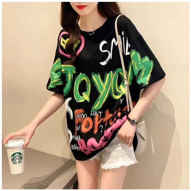 Net Celebrity Graffiti T Shirt Women'S Short Sleeved Black - Shop at LoveMi