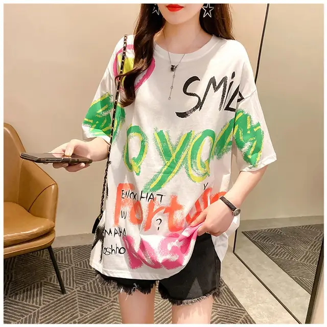 Net Celebrity Graffiti T Shirt Women'S Short Sleeved White - Shop at LoveMi