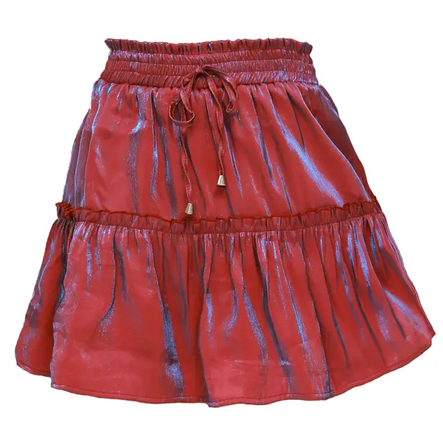 High Waist Elasticated Solid Color Skirt Laser Red - Shop at LoveMi