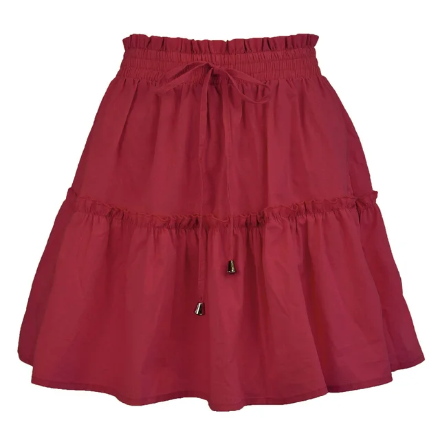 High Waist Elasticated Solid Color Skirt Wine Red - Shop at LoveMi