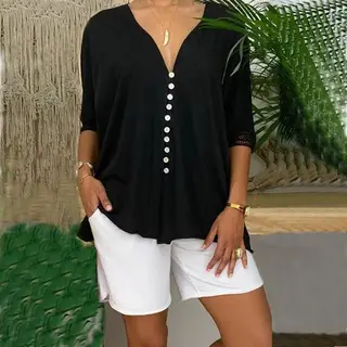 Ladies Lace Shirt V-neck Button Top - Black