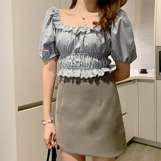 Retro White Square Collar Lace Shirt Women - Blue