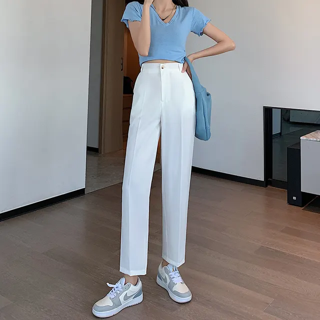 New Style Trousers, Drape, Straight, Loose, High Waisted, Slim, Nine Point Pants White - Shop at LoveMi
