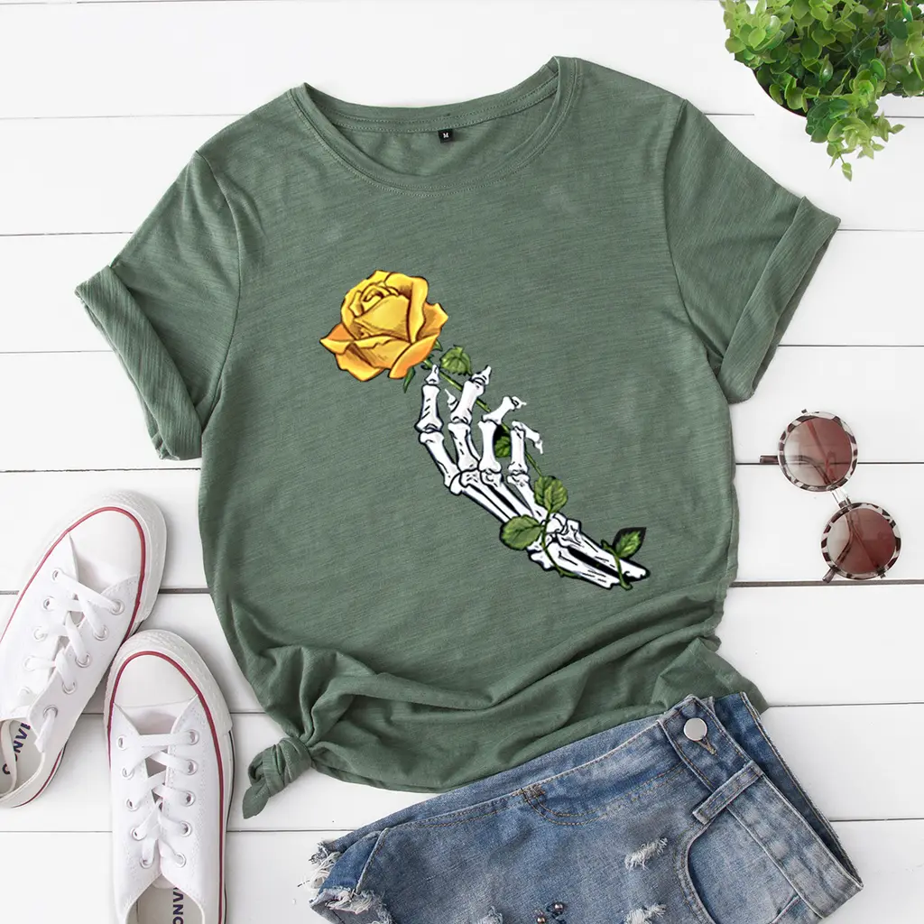 Loose Round Neck Creative Rose Short Sleeves - Army Green