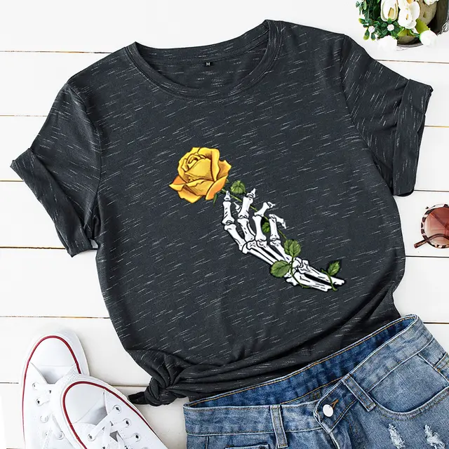 Loose Round Neck Creative Rose Short Sleeves Marble Grey - Shop at LoveMi