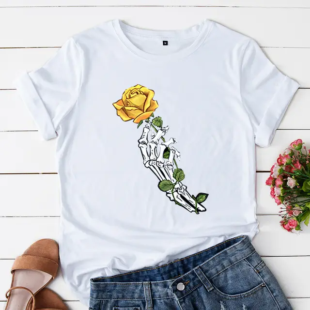 Loose Round Neck Creative Rose Short Sleeves White - Shop at LoveMi