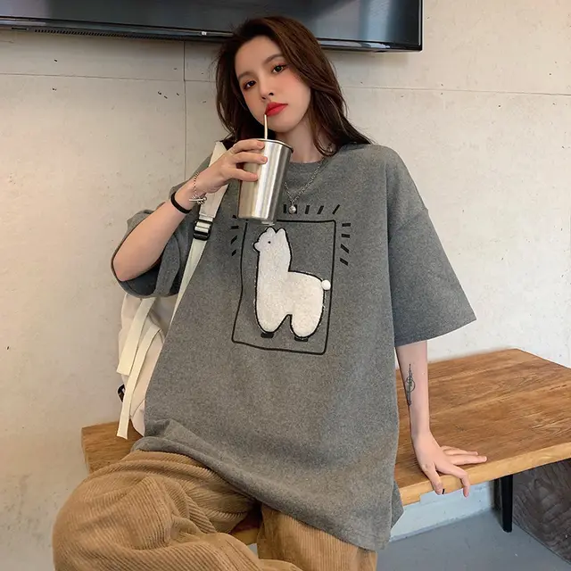 Embroidered Lamb Half Sleeve Top Bottoming Shirt Grey - Shop at LoveMi