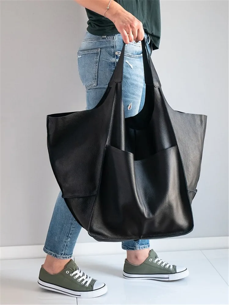 Simple Large Bag Soft Leather Large Capacity One-shoulder Portable Tote Bag - Black