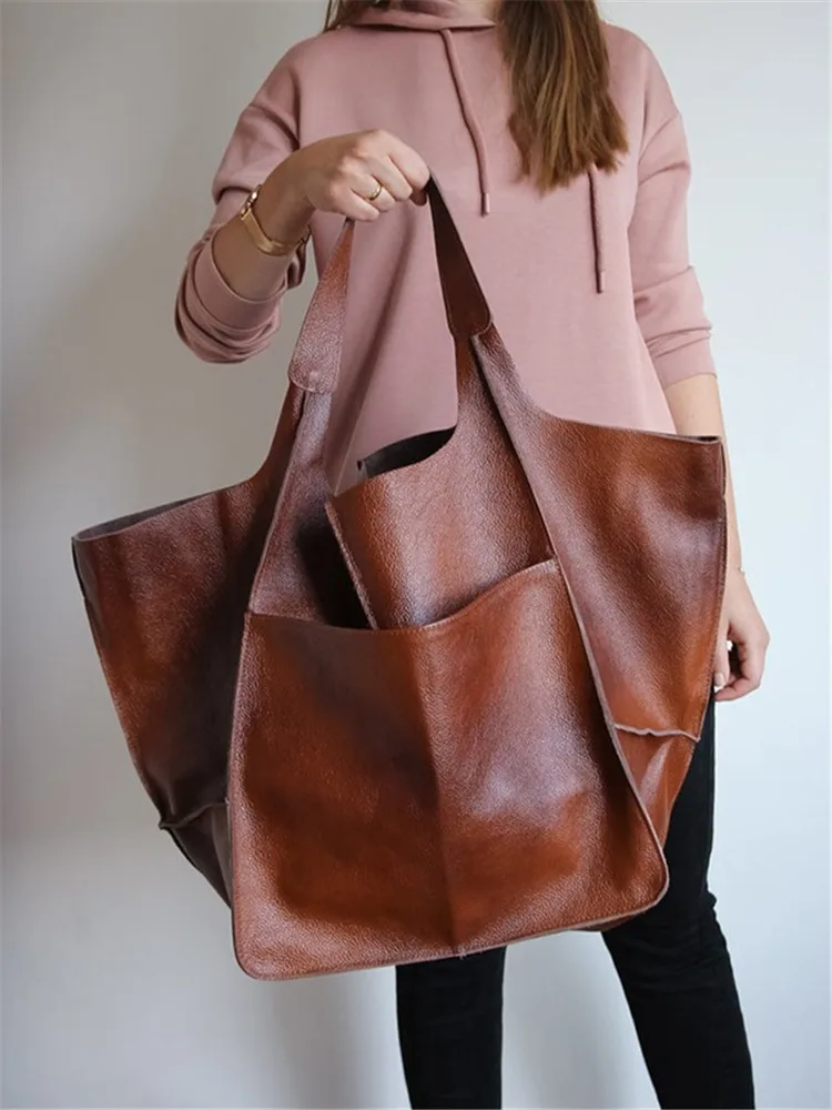 Simple Large Bag Soft Leather Large Capacity One-shoulder Portable Tote Bag - Brown