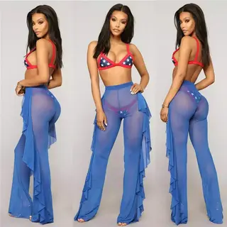 Mesh Folds See-through Beach Pants Swimwear Pants - Blue