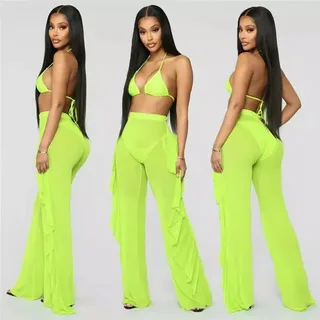 Mesh Folds See-through Beach Pants Swimwear Pants - Green