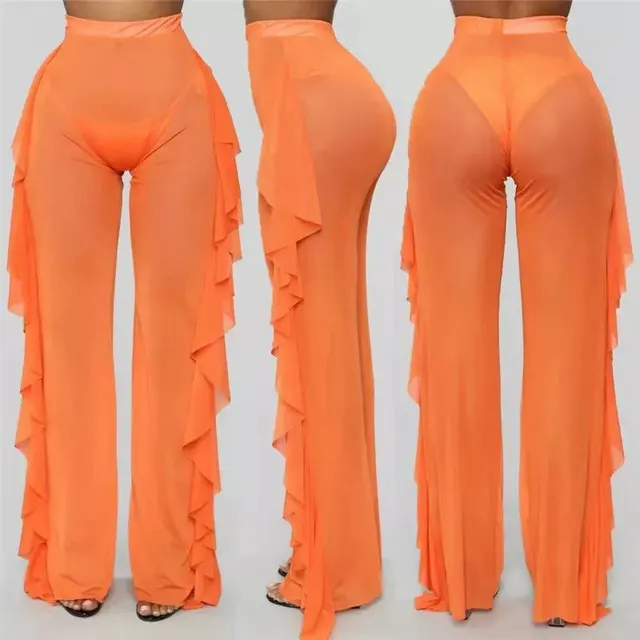 Mesh Folds See-through Beach Pants Swimwear Pants - Orange