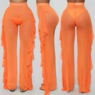 Mesh Folds See-through Beach Pants Swimwear Pants - Orange